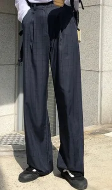 blue pants SML осенние и зимние винтажные стильные клетчатые свободные широкие брюки женские брюки с высокой талией женские(F3858 - Цвет: blue pants