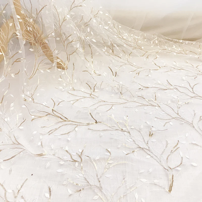 

1 Yard Gold Sequins Embroidered Lace Fabric Wedding Veil Mesh Fabric for Dress Making