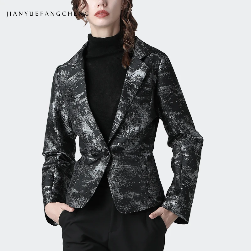Gray Casual Women Blazer Plus Size Gray Printed Vintage England Style Warm Thick Winter Coat Slim Ladies Office Single-Button Blazers - Цвет: Gray