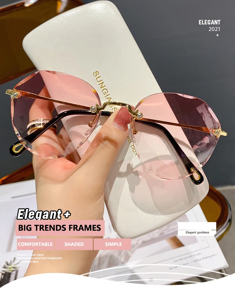 sunglasses for women Classic Rimless Round Sunglasses For Women  Sexy Gradient Oversized Sun Glasses Female Vintage Outdoor Big Frame GogglesUV400 best sunglasses for big nose