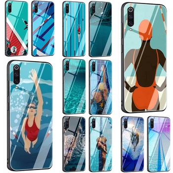 通販 水泳 Mi Ng プール素敵な強化ガラス電話カバーケースシャオ Mi Mi 8 9 赤 Mi 4X 6A 注 5 6 7 プロ Pocophone F1