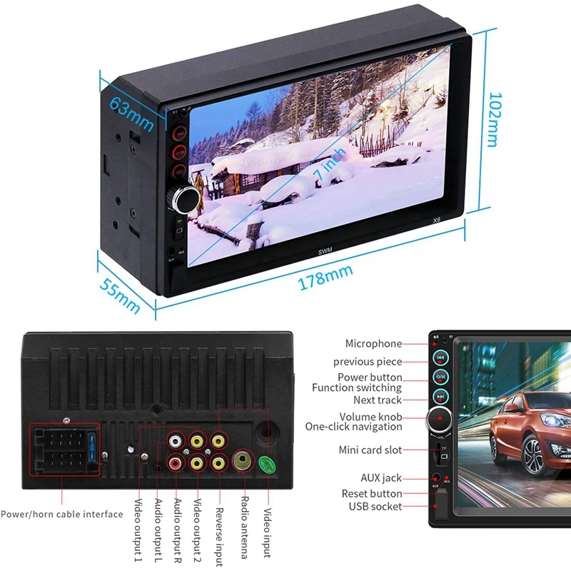 7 Inch Double Din Car Stereo with Bluetooth Headunit TF USB FM Aux-In Radio Audio Pressscreen MP5 Player Receiver Support Mirror