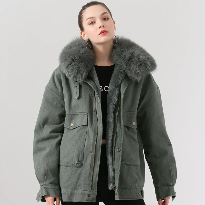 green QIUCHEN PJ19015 Новое поступление Женская зимняя подкладка из кроличьего меха с лисьим меховым воротником высокого качества Женская джинсовая парка - Цвет: green