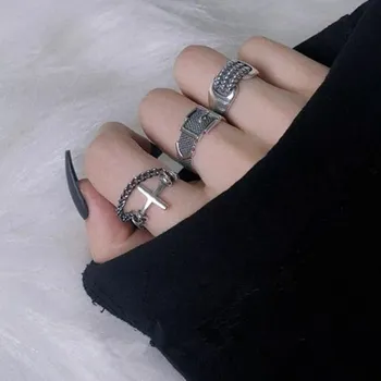 

Vintage Silver Color Metal Punk Chain Cross Open Rings Belt Buckle Design Finger Rings for Women Couple Rings