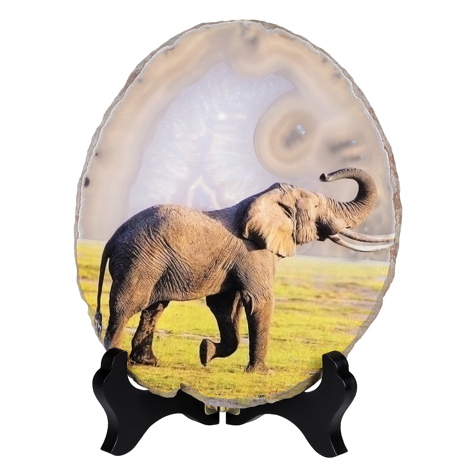 TUMBEELLUWA Natural Irregular Agate Slices With Wooden Base Stand Bear Wolf Sea Turtle Owl Pattern Ornaments Home Decoration