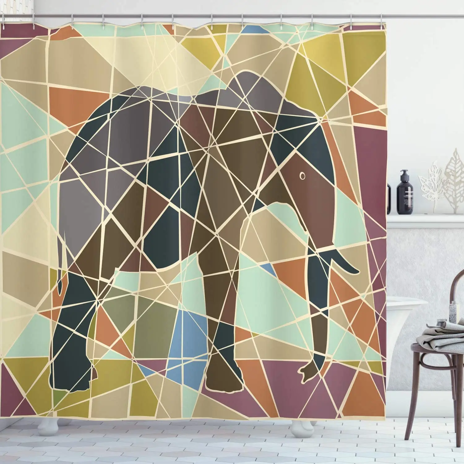 Elephant Shower Curtain Mosaic Design Animal in Soft Colors Wildlife Nature Safari Theme Artwork Bathroom Decor Set with Hooks | Дом и сад
