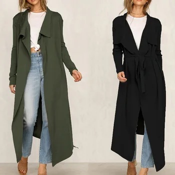 

Womens Trench Coat Long Over The Knee British Style Solid Color Autumn Coat H9