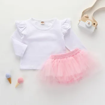 

Fashion Baby Skirt Sets Spring Autumn Casual Long Sleeve Rompers Solid Color Mesh Skirt Kit Baby Girls Clothes Set White11