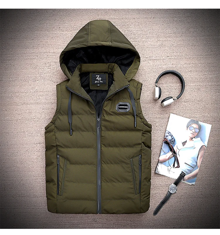 Autumn& Winter down Feather Cotton Vest Men's Brushed And Thick Hooded Warm Coat Vest Waistcoat Vest Large Size Loose-Fit Fashi