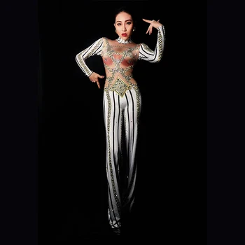 

Stripe Printed Sexy Jumpsuit Loose Pant Rompers Nightclub Women's Prom Party Show Female Singer Stage Wear performance dance new