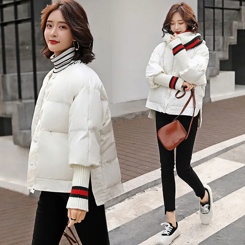 

Short Cotton-padded Jacket Women's 2019 Winter Korean-style Contrast Color Knit Joint Loose-Fit Slimming Scarf Cotton-padded Clo