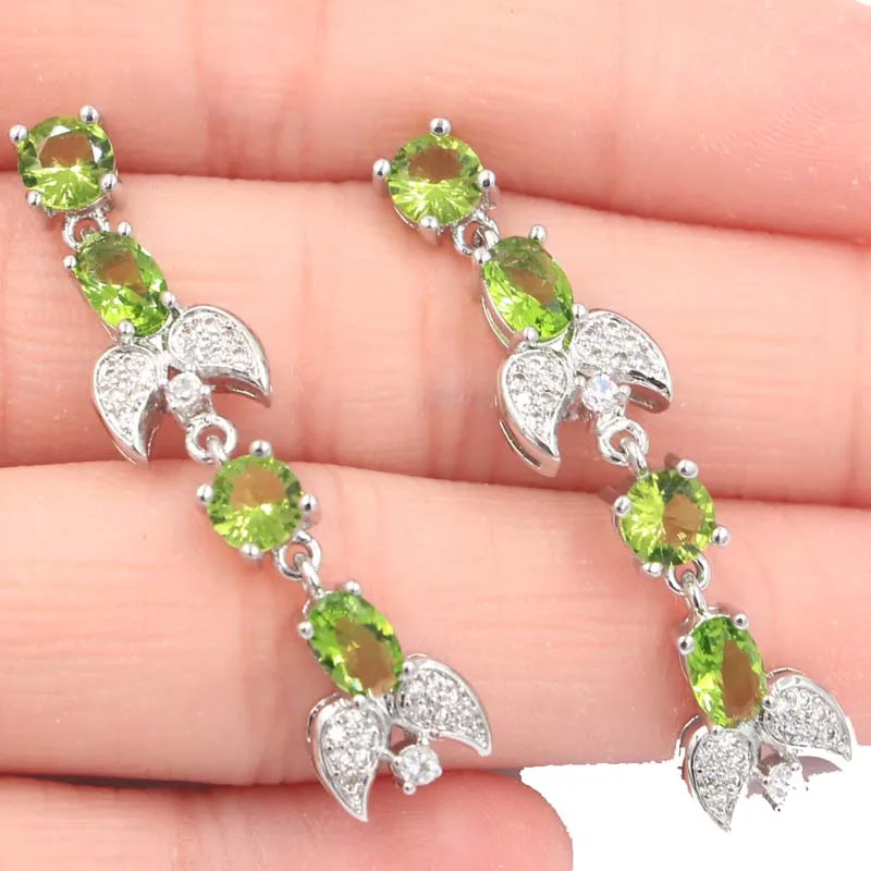 

40x9mm Charming Green Peridot CZ SheCrown Woman's Gift Silver Earrings