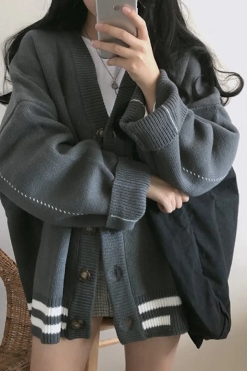 Harajuku осенний цвет полосатый однобортный жакет V воротник кардиган Sweate Полосатые свитера женский кардиган Feminino