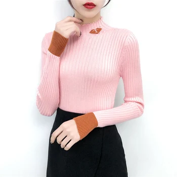 

Basic Slim Fit Half High Neck Knitwear Female Solid Color Sweaters Korean Style Knitted Office Lady Long Sleeve Sweater
