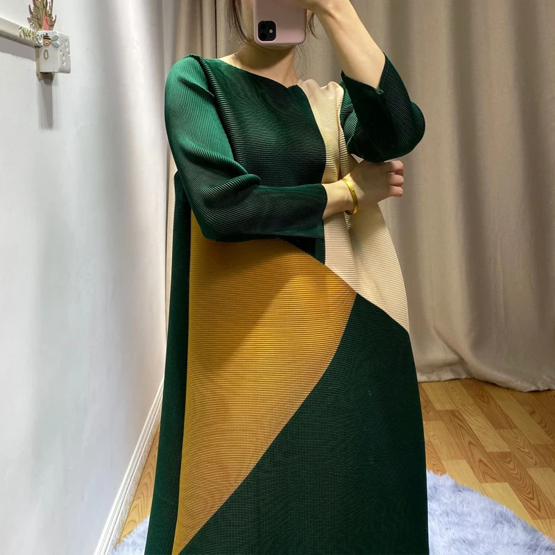 Miyake плиссированное платье с цветными блоками, весна, новинка, свободные, большие размеры, тонкие женские платья средней длины, а-силуэт