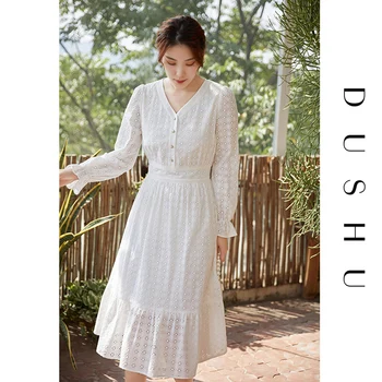 

DUSHU Plus size long white lace dress Women 100% cotton flare sleeve elegant dress Female spring autumn v neck vintage dress