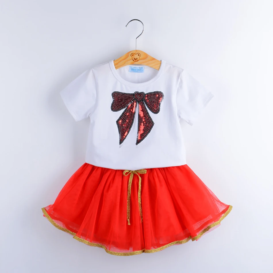 

Toddler Girls Summer Sleeveless T-Shirt+Print Summer Kids Costume Bow Skirt 2Pcs Children Uniform Star Sequins Clothes