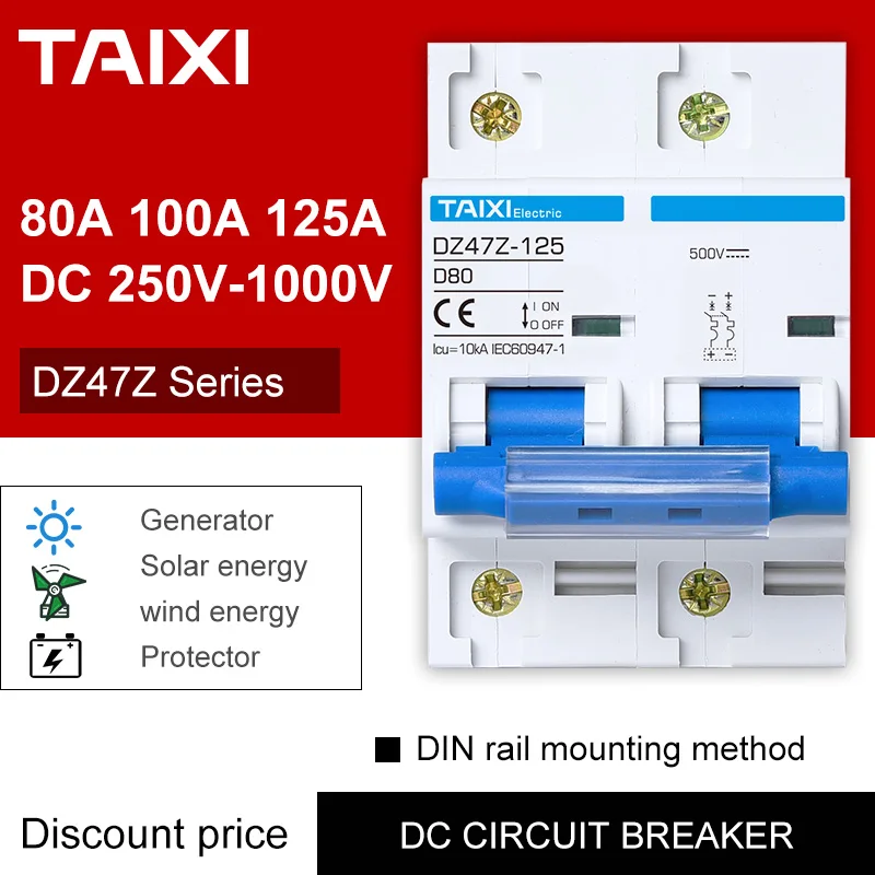 

DC 2P 100A Circuit Breaker 4 Poles 1000V MCB Battery Motor Protector D Curve PV Line Mater Switch 80A 125A 100V 200V 500V 750V