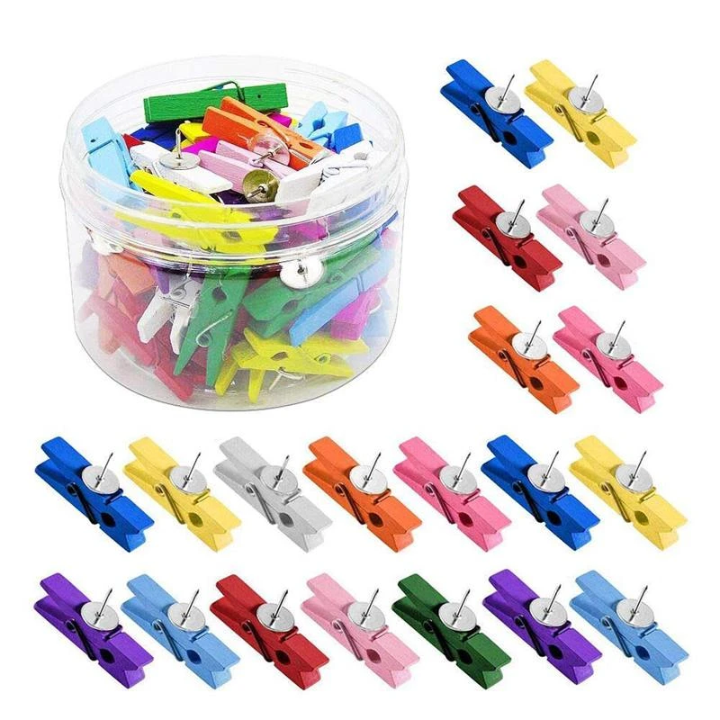HQDeal Push Pins with Wooden Clips 50 Pieces Thumbtacks Pushpins Paper Clips Clothespins for Cork Boards Notes Photos Display Wall Used in Offices Schools Public Place