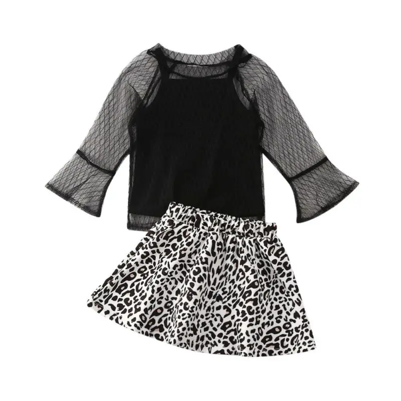 Новинка г.; одежда принцессы для маленьких девочек; черный кружевной топ+ леопардовое платье-пачка; комплект одежды из 2 предметов