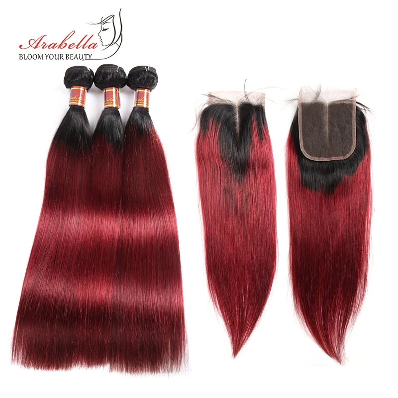 1B/99J Straight Hair Bundles With 4x4 Transparent Lace Closure Ombre Remy Arabella 100% Human Hair Bundles With Lace Closure