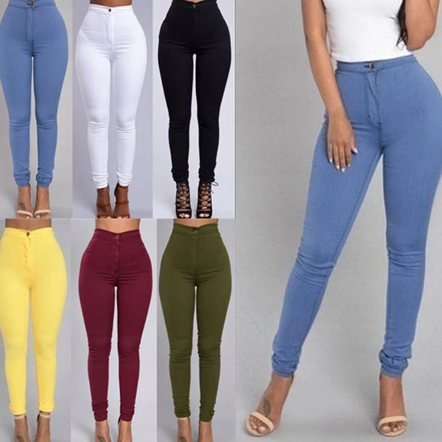 Women's Fashion Plain Color Skinny Jeans Zipper Trousers Casual High Waist Leggings  Stretch Push Up Pencil