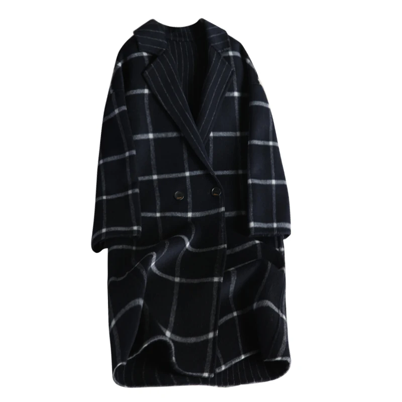 New Wool Coats Plaid Wool Overcoat Women's Jacket Long Cashmere V-neck Collar Korean double Breasted Winter Coat Women