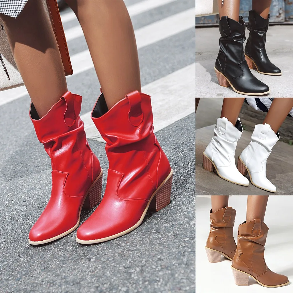 

Shallow Red Sexy Hoof Heel Punk Boots Women's Slip-on Ankle Bare Boots Square High Heel Casual Short Tube Booties Waterproof