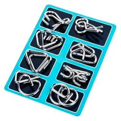 Deluxe Metal Brain Teaser Puzzle Set - Interactive Mind Challenge Game (Silver Blue)