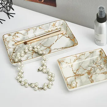 

1 Piece Marble Storage Trays Nordic Rectangle Golden Line Ceramics Plate Elegant Dessert Jewelry Display Organizer Tray