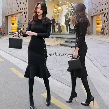 

Women Winter Knit Sweater Stretch Tunic Fishtail Party Club Dress