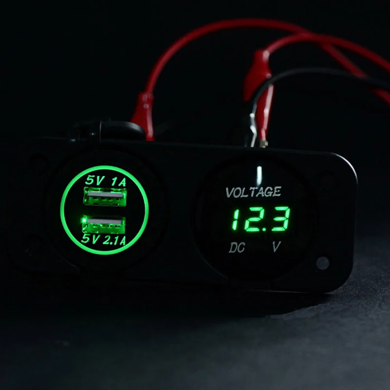 DC 12 V-24 V светодиодный цифровой вольтметр+ Dual USB Мощность гнездо Панель 2.1A/1A USB Зарядное устройство для автомобилей Boat Rv мотоцикл зеленый синий и красный цвета - Название цвета: Зеленый
