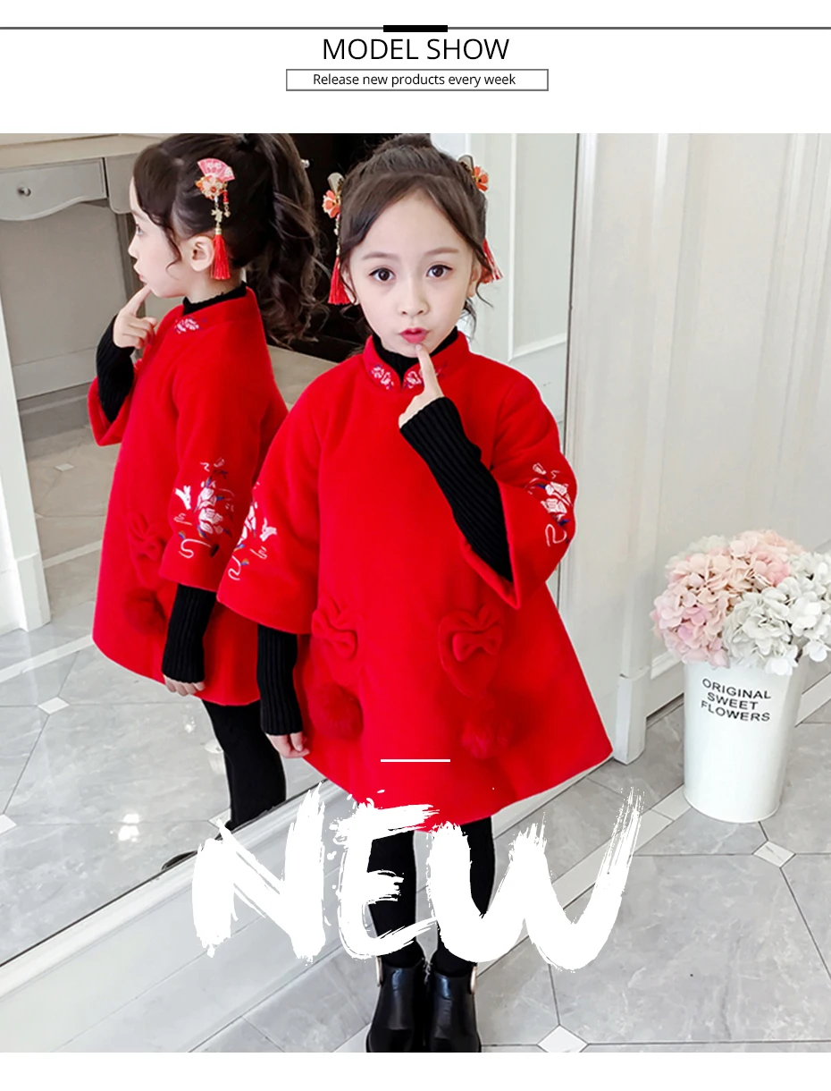 Coat For Girl Flower Embroidery Velvet Coat For Girls Three Quarter Kids Outerwear Fashion Winter Clothes For Girls Christmas
