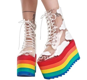 

Rainbow Heels Thick High Platform Shoes Clear PVC Cloud Pattern Lace Up Ankle Short Boots Muffin Bottom Fashion Women Shoes