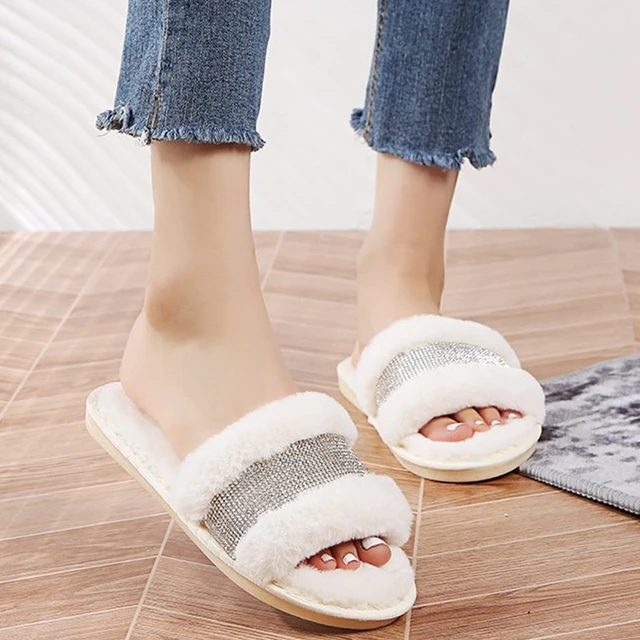 Winter Women House Slippers Faux Fur Fashion Warm Shoes Woman Slip on Flats Female Slides Black Pink cozy home  furry slippers Rhinestone Beige
