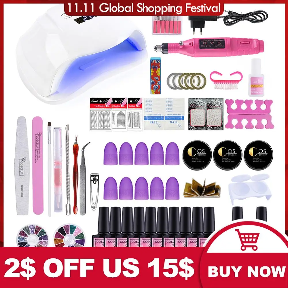 Preise Nail art Set 36 54W UV LED Gel Lampe Für Nagel Maniküre Set 10PCS Gel Nagellack lack Verlängerung Pinsel Tools Kit Für Maniküre