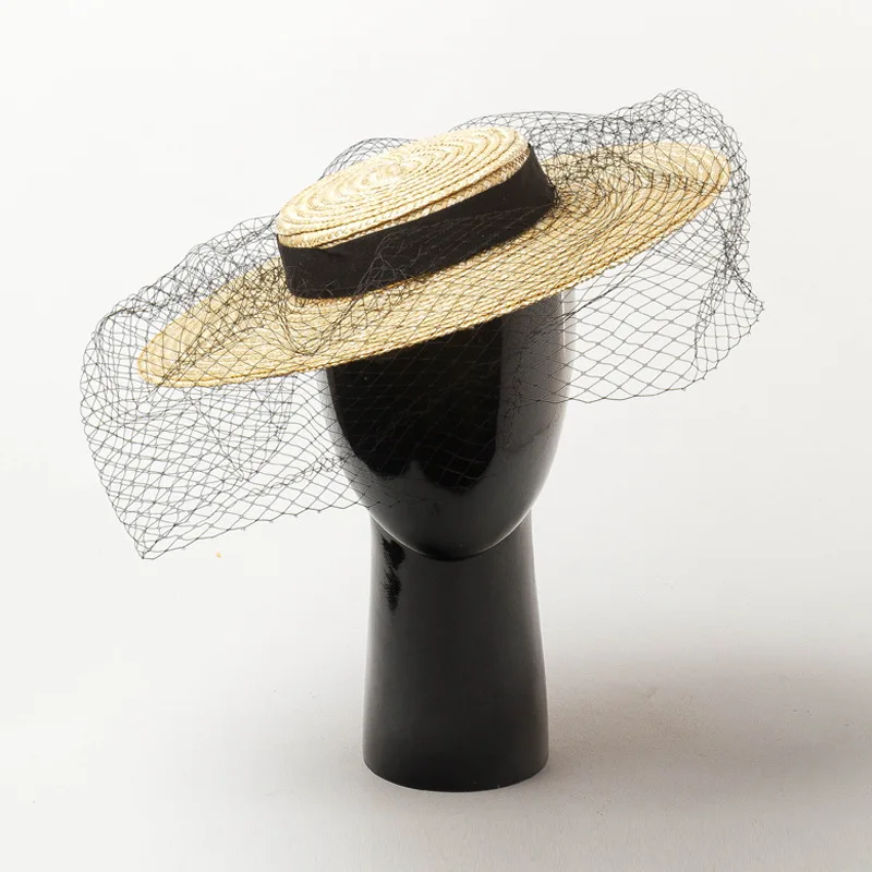 

ladies shallow flat top Straw hats with net decoration fashion dress up party hat wide brim 12cm