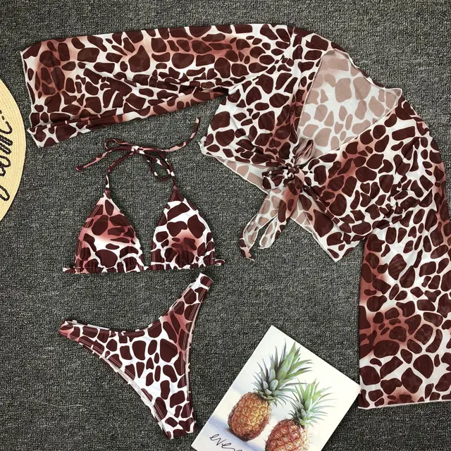 Sexy 3 Piece Swimsuit Women Leopard Print Push Up Padded Biquini Brazilian Summer Bathing Suit Long Sleeve Thong Bikini Swimwear
