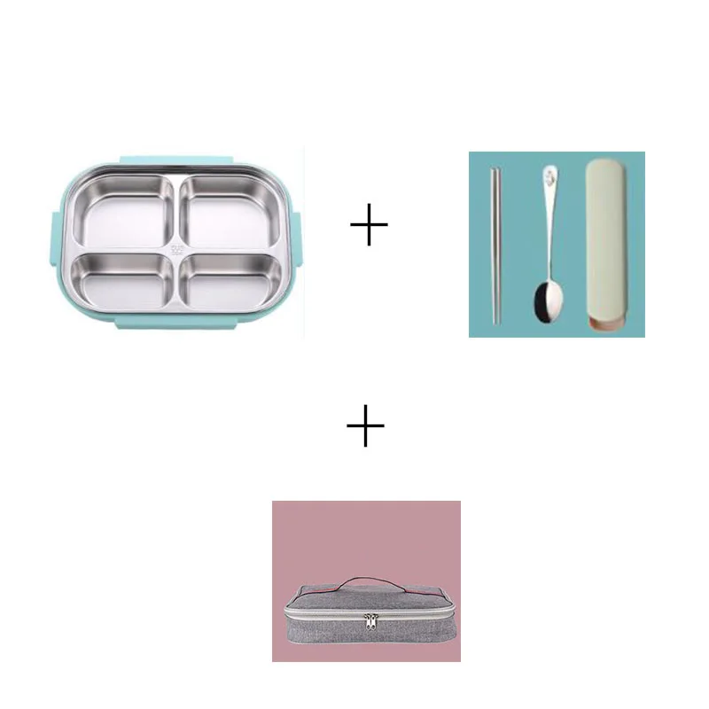 4 green-flatware-bag Ланч-бокс 304 из нержавеющей стали, Ланч-бокс для детей, серый набор сумок, Bento box, герметичная Термосумка для контейнеров с едой в японском стиле - Цвет: 4 green-flatware-bag