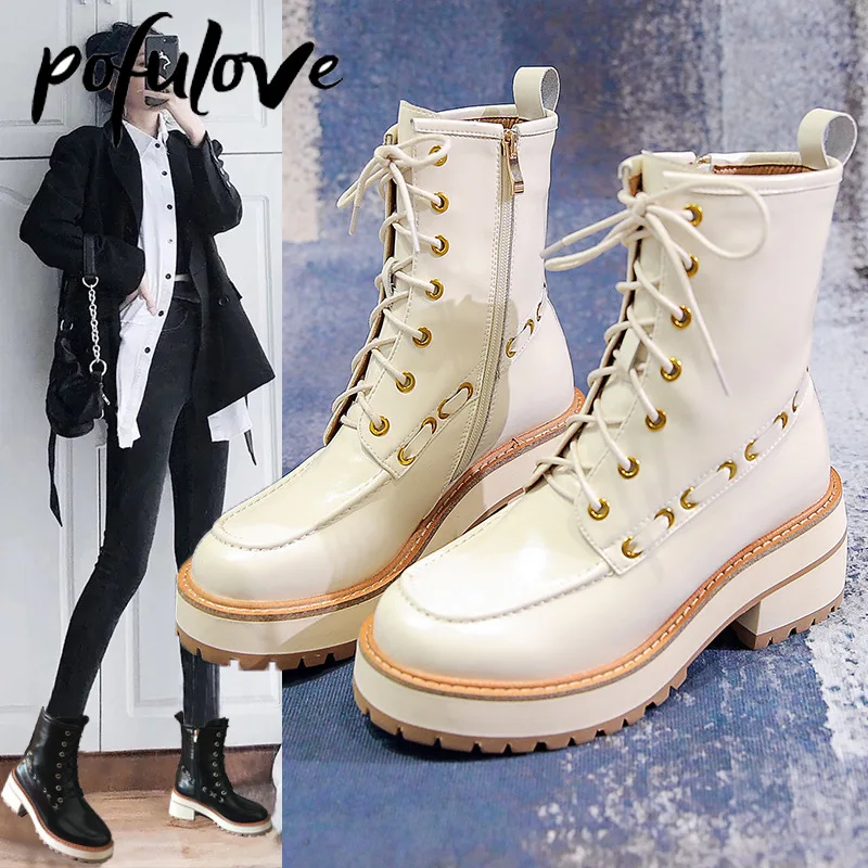 

Pofulove Women Boots High Heels Platform Shoes Ankle Booties Black White Chunky Botas Fashion Designer Womans Shoes