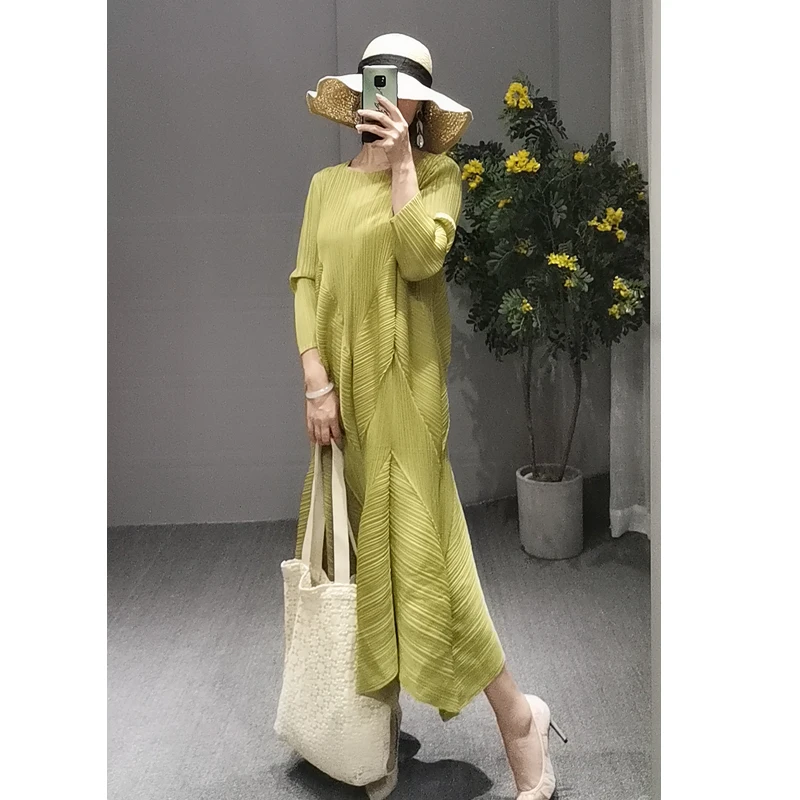 Changpleat осенние новые женские платья Miyak плиссированные модные однотонные 3/4 рукава свободные большой размер, эластичный пояс женское платье