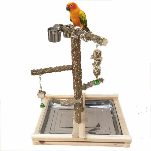 Bird Bite Claw Perches Parrot Wooden Stand Hanging Cage Bird Standing Stick Toys Parrot Playground With Foot Ring Feeder Cups 3