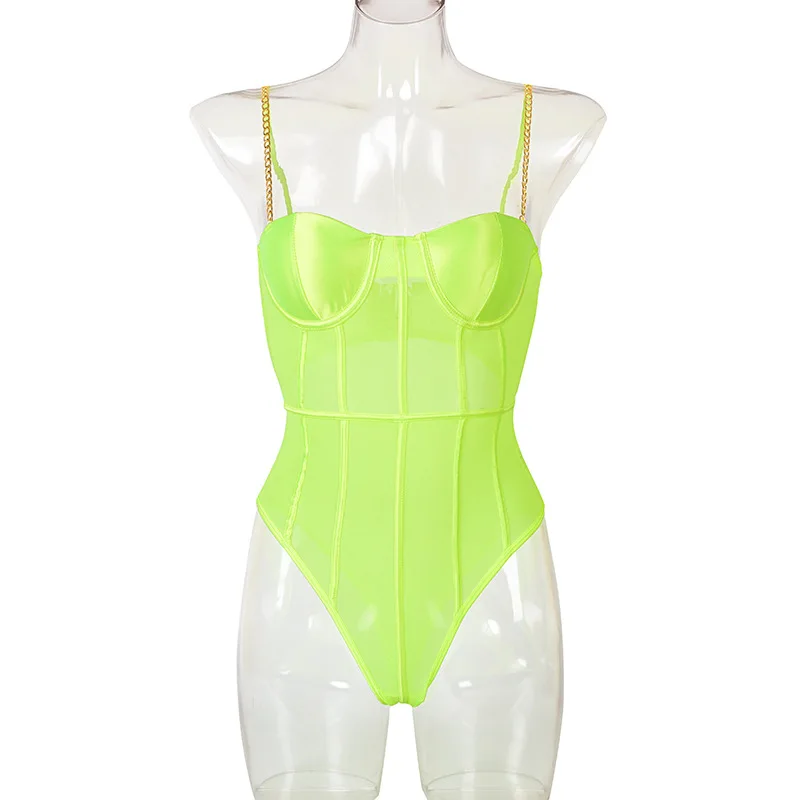 Neon Green Mesh Transparent BodySuit Sexy Women's Backless Striped Sleeveless Overalls Party Fashion Spaghelti Strap Rompers New