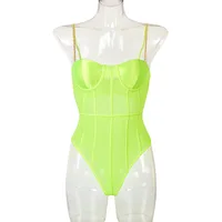 Neon Green Mesh Transparent BodySuit Sexy Women’s Backless Striped Sleeveless Overalls Party Fashion Spaghelti Strap Rompers New 1