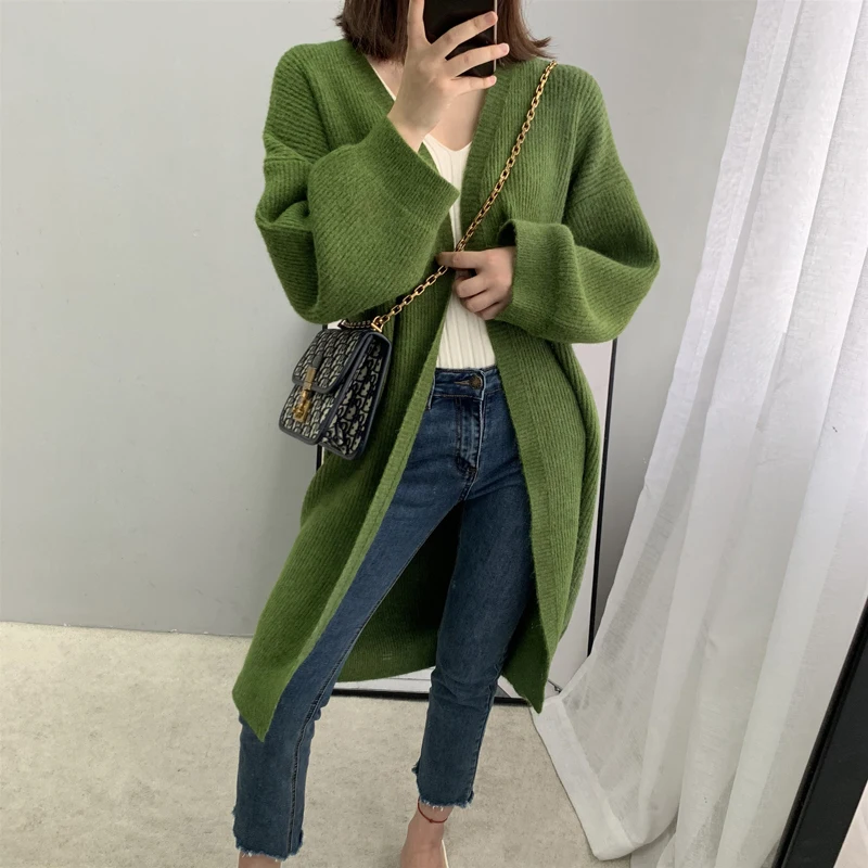 green Женский кардиган пальто длинный свитер вязаный кашемировый кардиган женский плащ свитер Casaco Feminino зимняя одежда женское пончо - Цвет: green