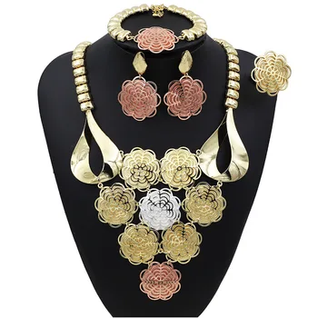 

TSROUND Dubai Gold Jewelry Sets Bridal Wedding Italy Luxury Necklace Earrings Bracelet Ring Nigerian Wedding Party Women