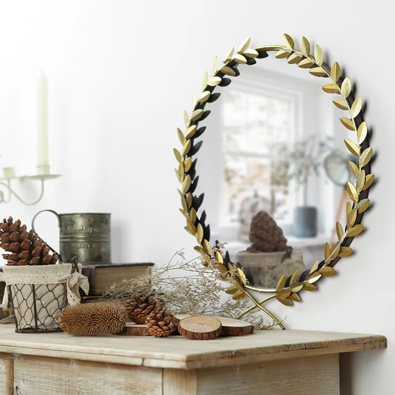 

Creative Leaves Makeup Mirror Wall Hanging Resin Tray Fresh Iron Handicrafts Hotel Home Accessories Murals Ornaments Furnishing