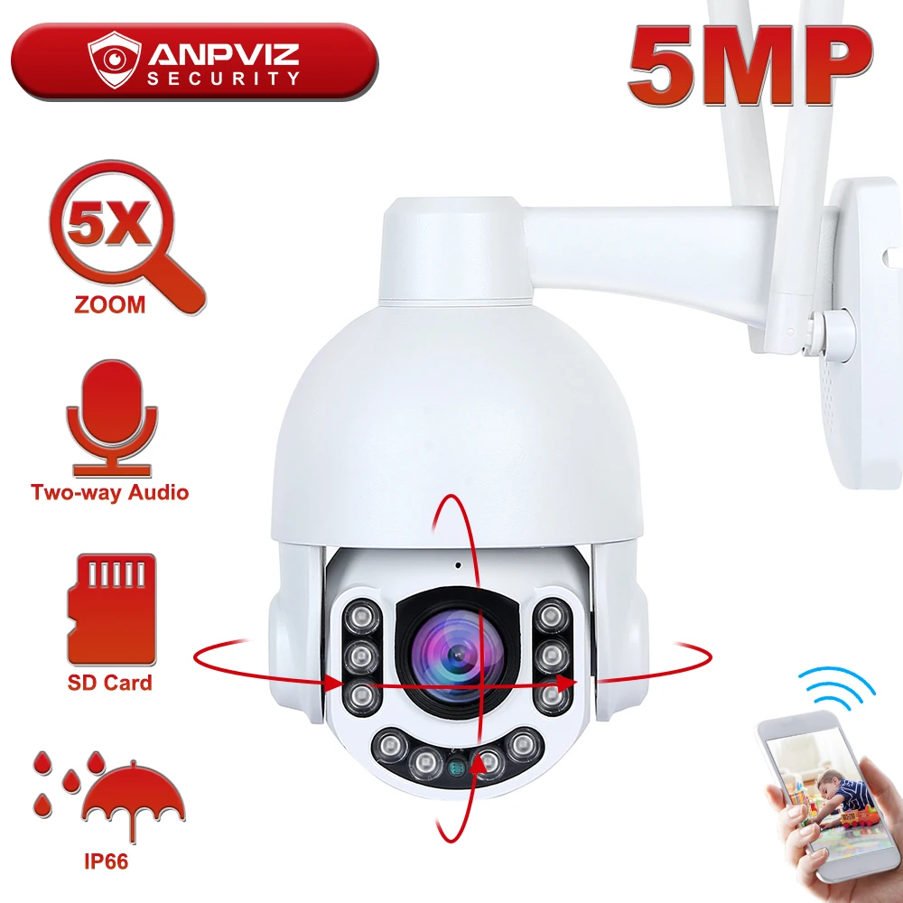 US $75.72 Anpviz 2MP3MP5MP WIFI IP PTZ Camera 5X Zoom Outdoor Wirelese Security Camera TwoWay Audio Builtin Mic Speaker 60m IR IP66