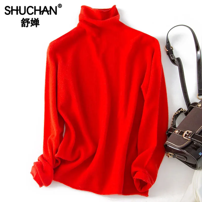 Shuchan Turtleneck Knit Sweater Women Red Pink Gray White Black 100% Wool Autumn Winter Warm Sweaters and Pullovers | Женская одежда