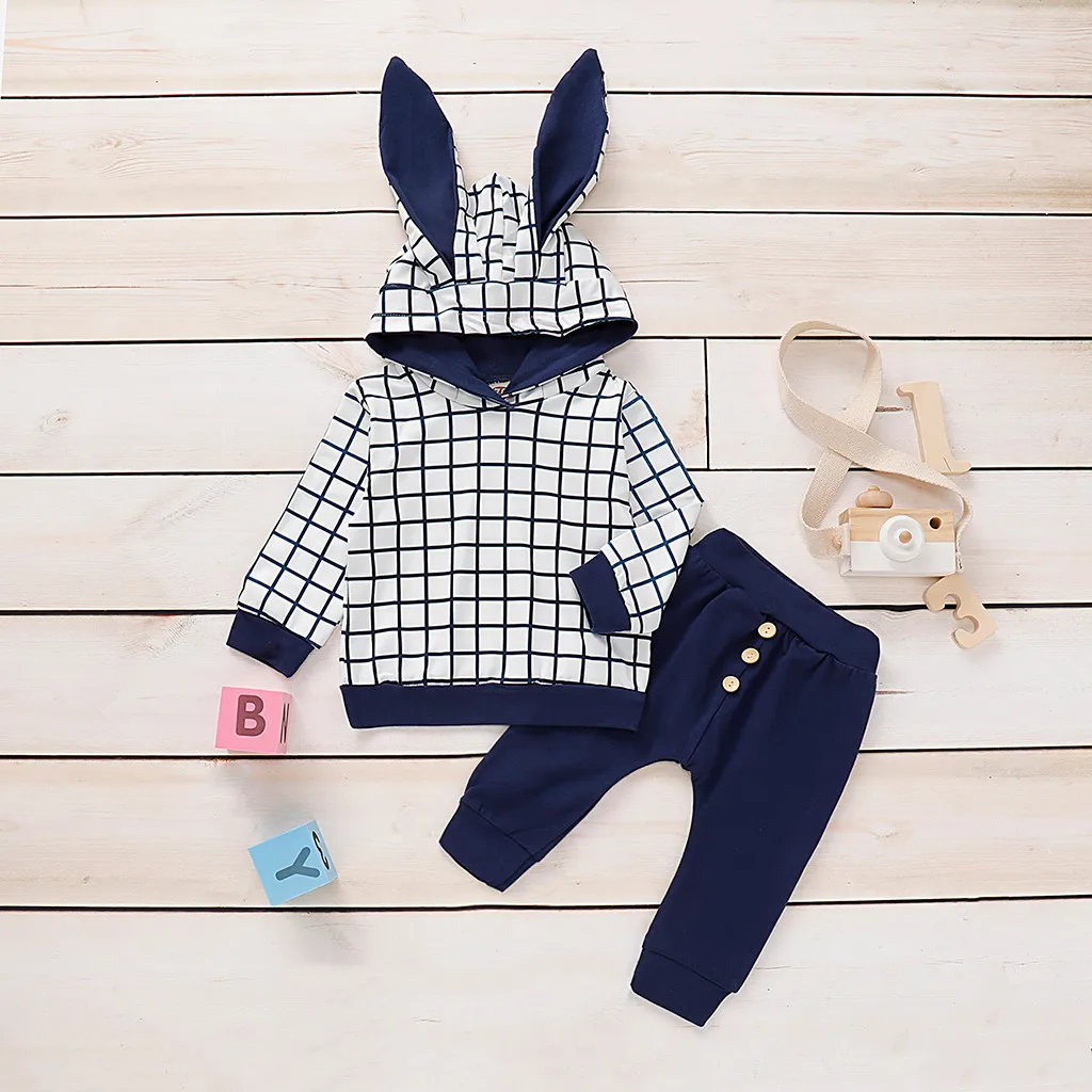 Dark Blue Одежда для маленьких девочек; зимняя одежда для новорожденных; клетчатый свитер унисекс с длинными рукавами и заячьими ушками+ штаны на пуговицах; комплект из 2 предметов;# G4 - Цвет: Dark Blue
